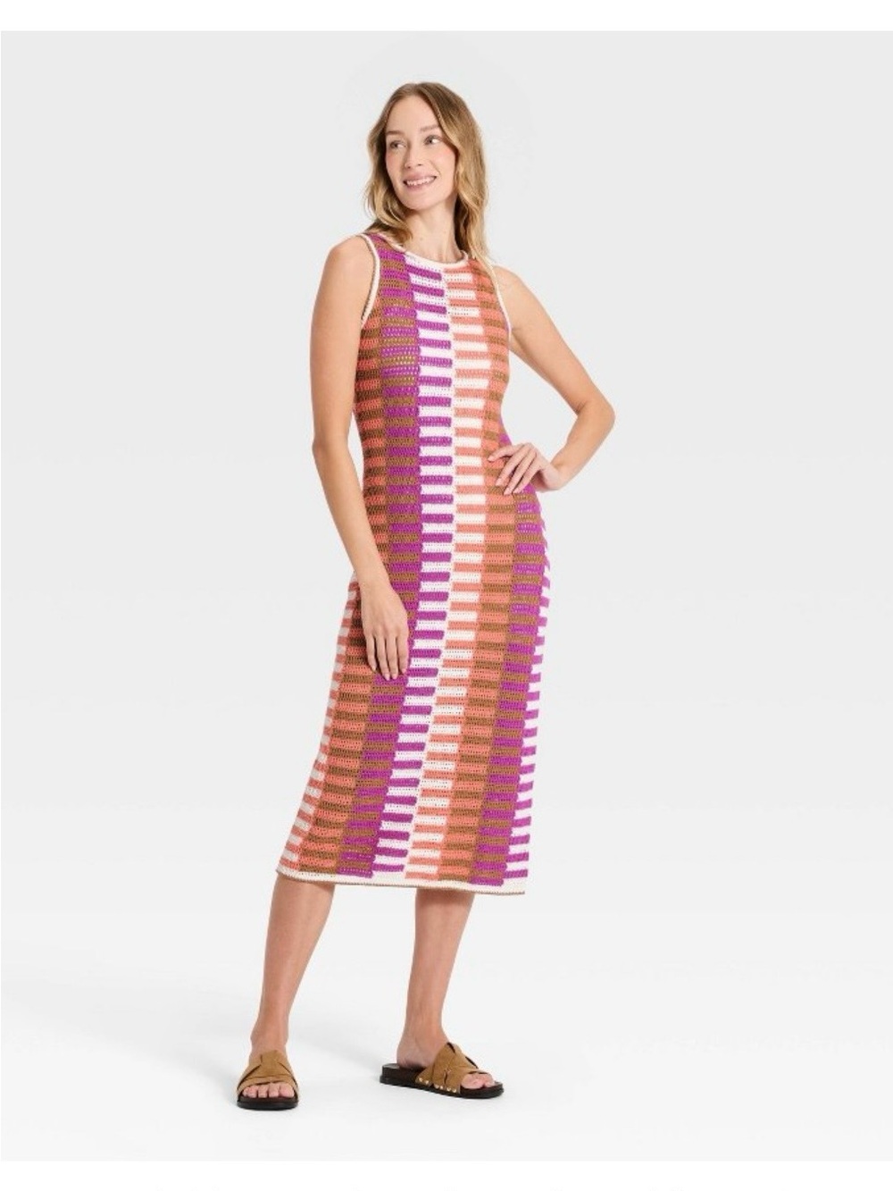 Universal Thread Sleeveless Knit Midi Dress in Pink, Peach & Brown